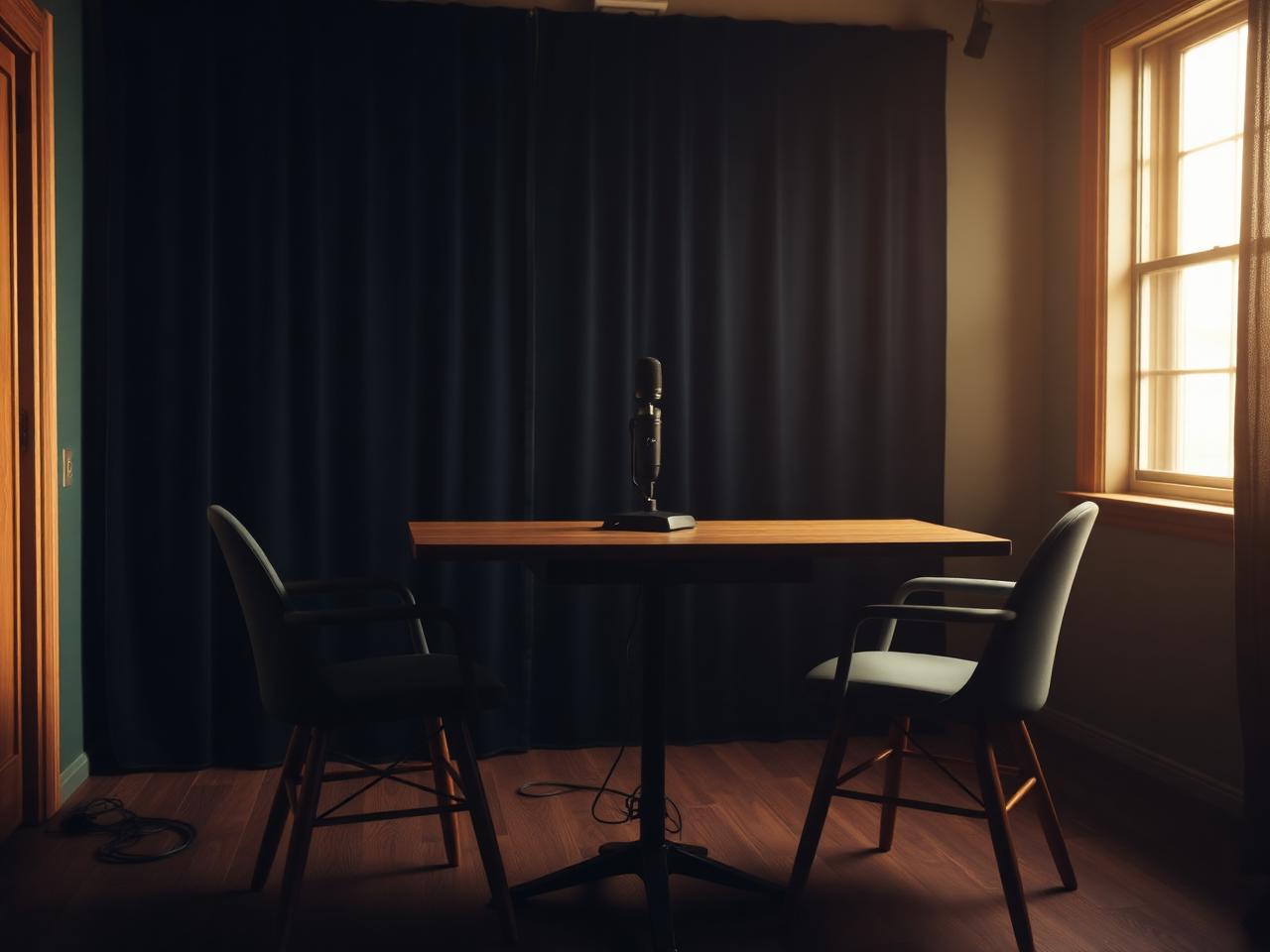 A microphone on a table between two chairs in a warmly lit room, set for a conversation