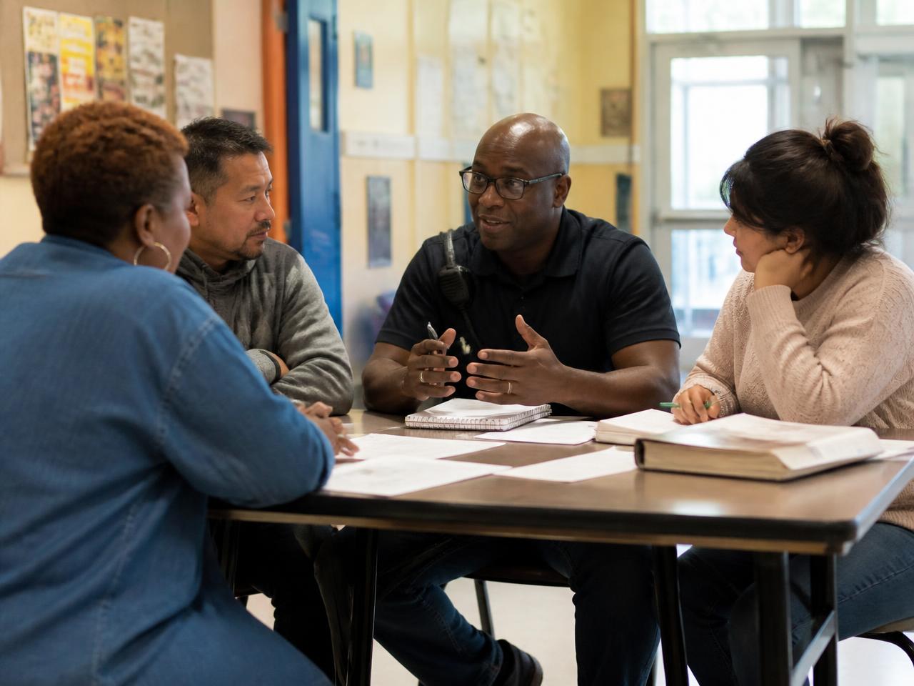 A community engagement officer talking with three residents around a table in a community center